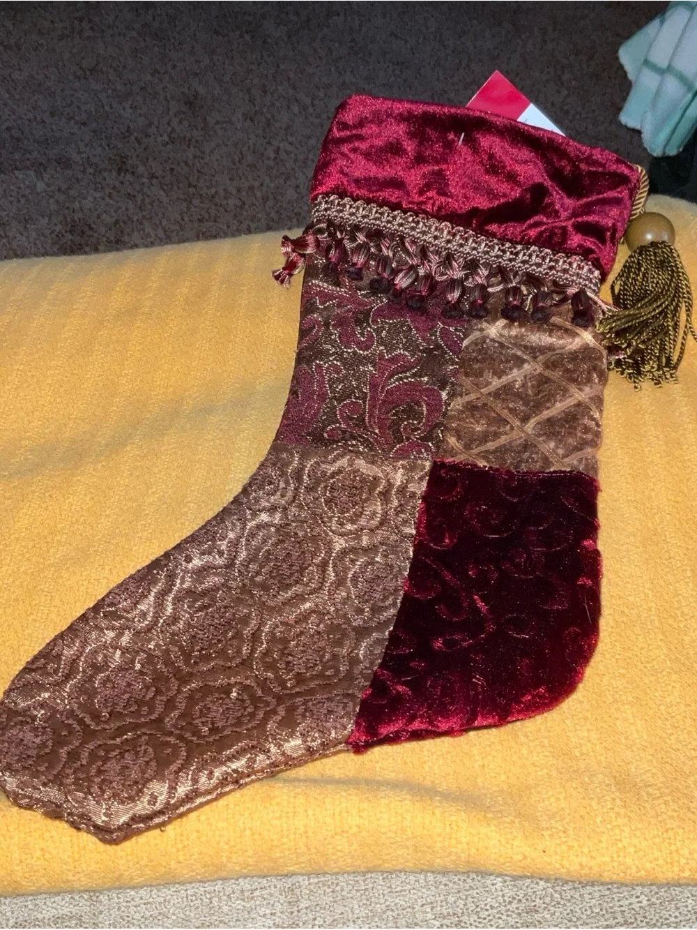 Christmas Stocking Patchwork Jacquard Velvet Cuff Tassel Burgundy Gold 20